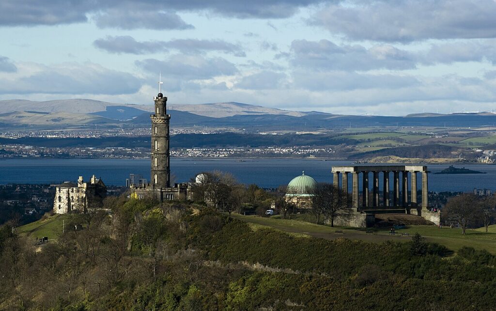 The monuments on Calton Hill with the Firth of Forth behind
