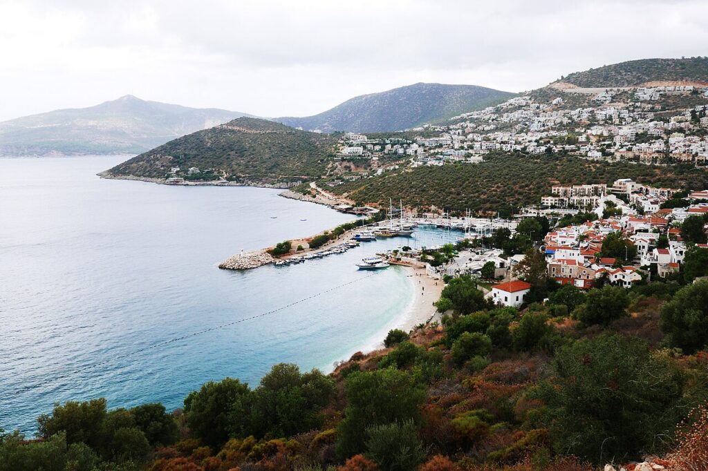 Kalkan bay and the white houses on the hillside