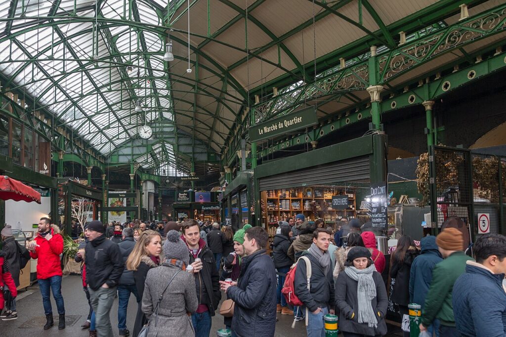 Stalls and visitors at Borough Market, London