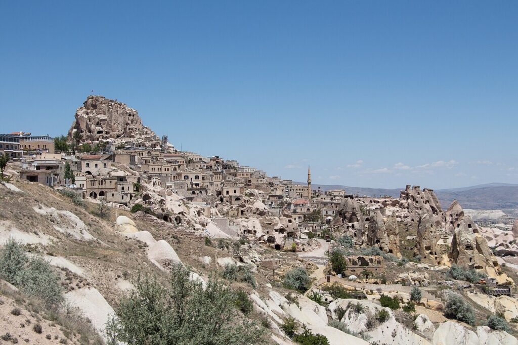 Uçhisar Castle and rock houses in Cappadocia